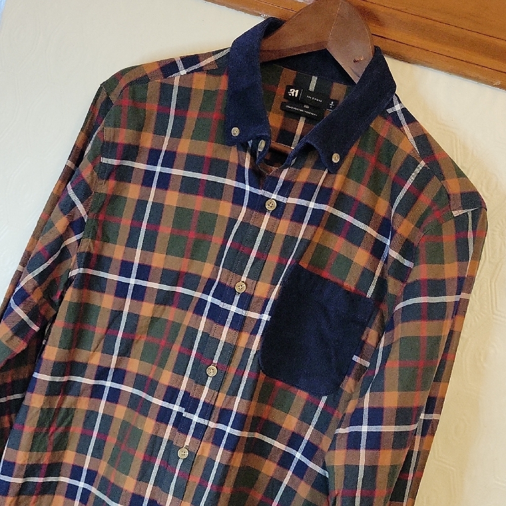 Le 31 Simons Plaid Shirt Mens Corduroy Collar Tartan Button Up Preppy CottonD